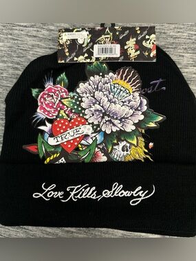 Ed Hardy Black Beanie with Multicolor Floral Skull Patch NWT